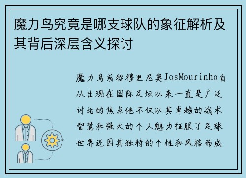 魔力鸟究竟是哪支球队的象征解析及其背后深层含义探讨 魔力鸟究竟是哪支球队的象征解析及其背后深层含义探讨