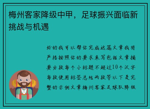 梅州客家降级中甲,足球振兴面临新挑战与机遇 梅州客家降级中甲,足球振兴面临新挑战与机遇